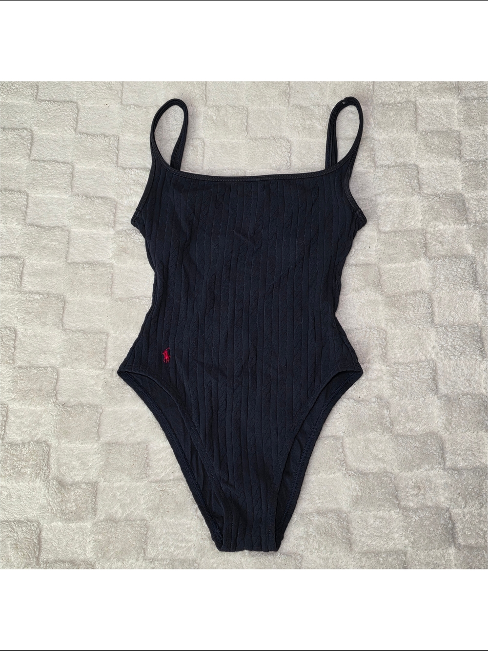 Ralph Lauren Sport Cable Knit One Piece Swimsuit Navy Blue+Red Logo Size 8 EVC